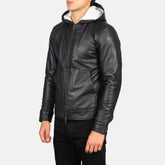 Mens Black Hooded Leather Bomber Jacket